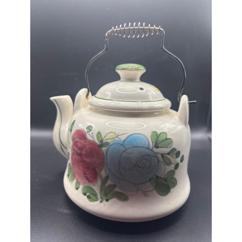 VTG Hand-Painted Japanese Ceramic Teapot - Rose Pattern with Wire Coil Handle